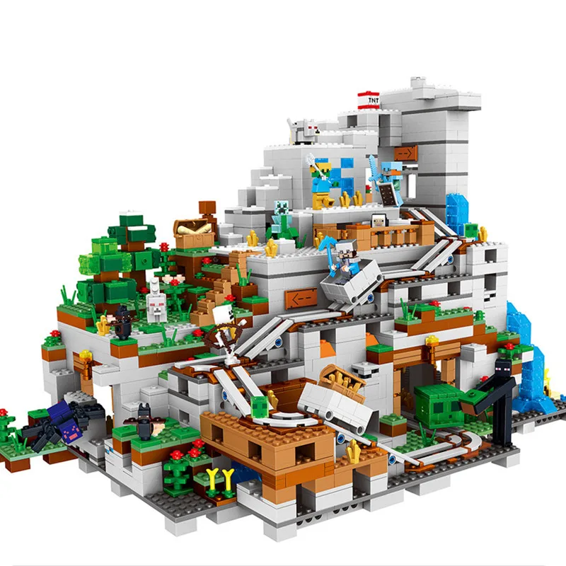 

Big Mountain Cave Model Building Blocks Compatible 21137 My World Bricks Sets Toys for Gifts Kids with Steve & Alex Figures