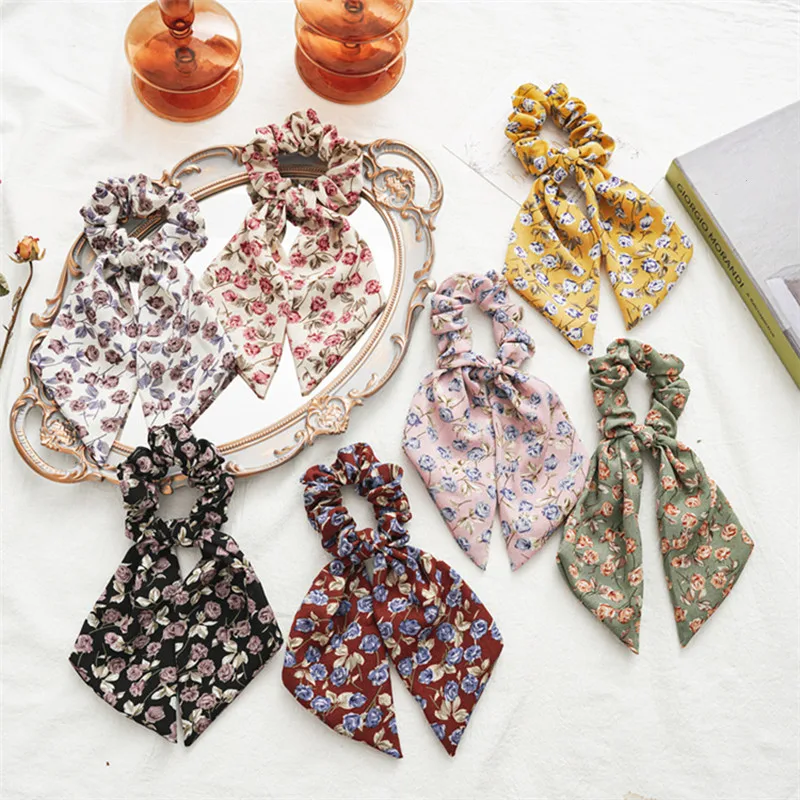 

Vintage Floral Bow Streamers Hair Ring Knotted Scrunchie Women Ponytail Hair Ties Solid Color Rubber Band Hair Accessories