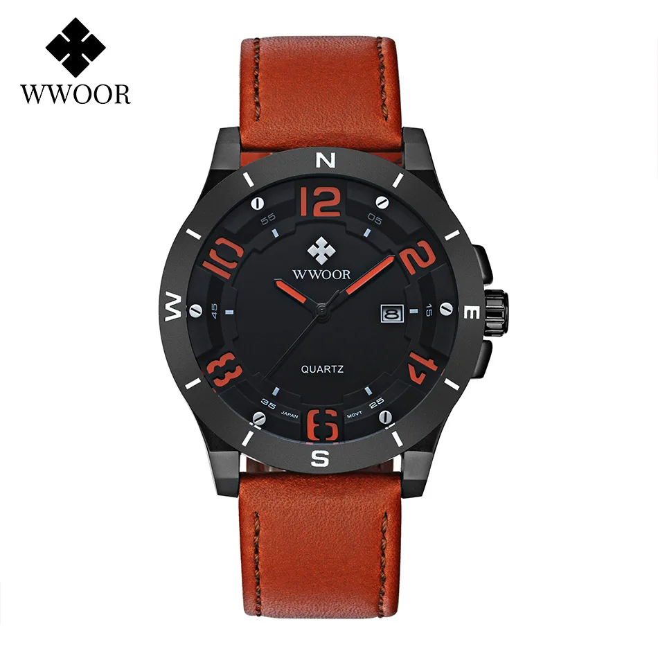 2020 мужские часы WWOOR модные с кожаным ремешком Аналоговые кварцевые наручные из