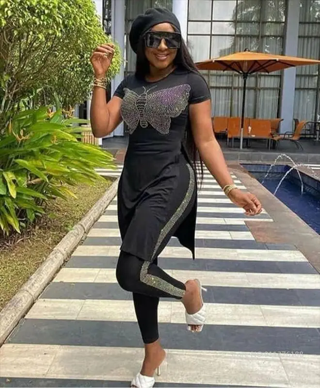 

Summer 2020 Fashion New Street Casual Style Sets Short Sleeve Round Neck Top Elastic Long Pants Pure Color Two Piece Sets