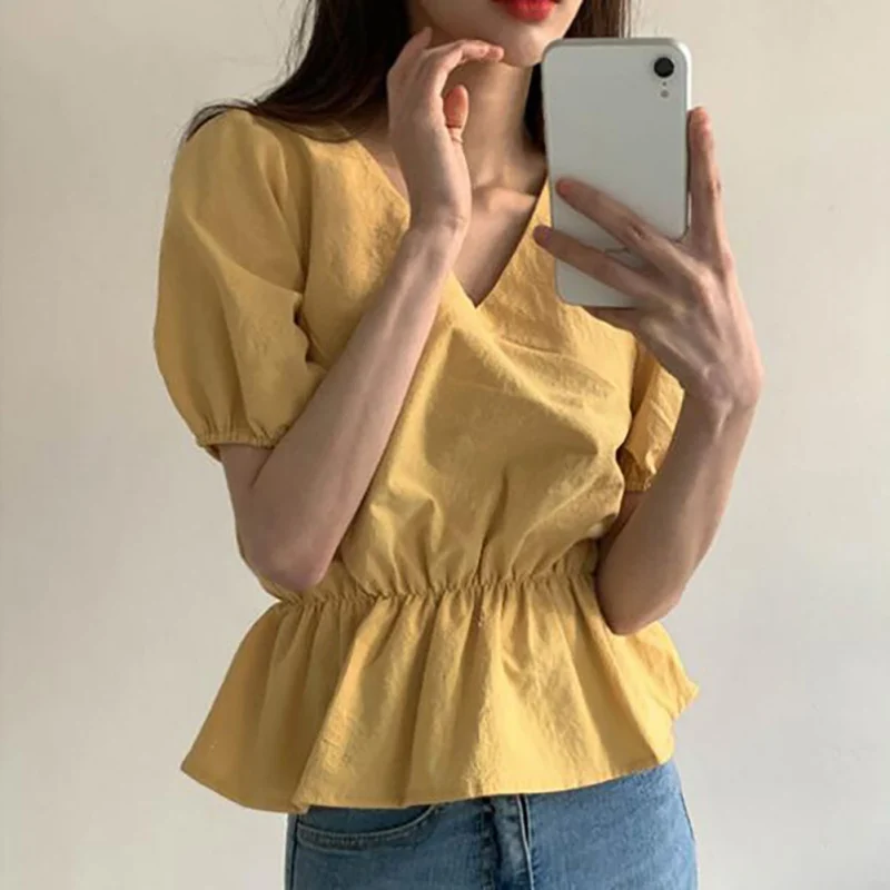 

2 Colors Women Fashion Short Sleeve V-neck Short Waist Shirt Top 1