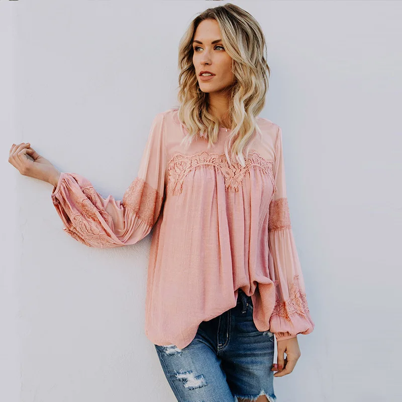 

office lady lace solid woman blouse O-neck long sleeve lantern sleeve Korean style hot sales vintage blouses boho 2020 elegant