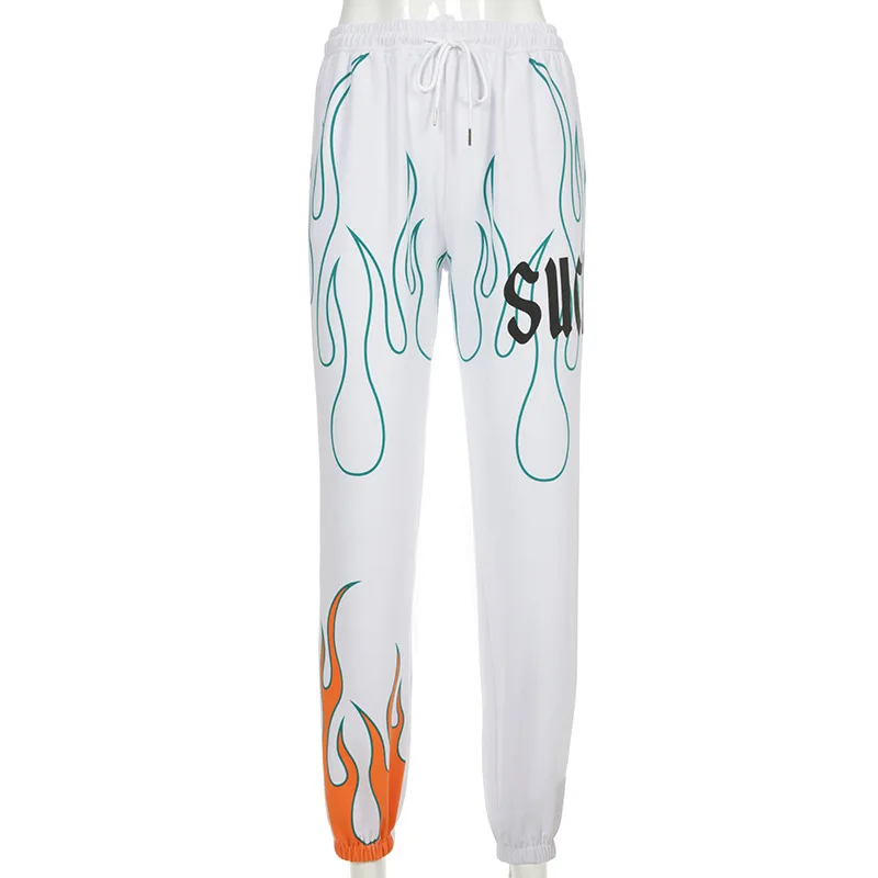 Брюки женские черные свободные с принтом в виде пламени | Женская одежда