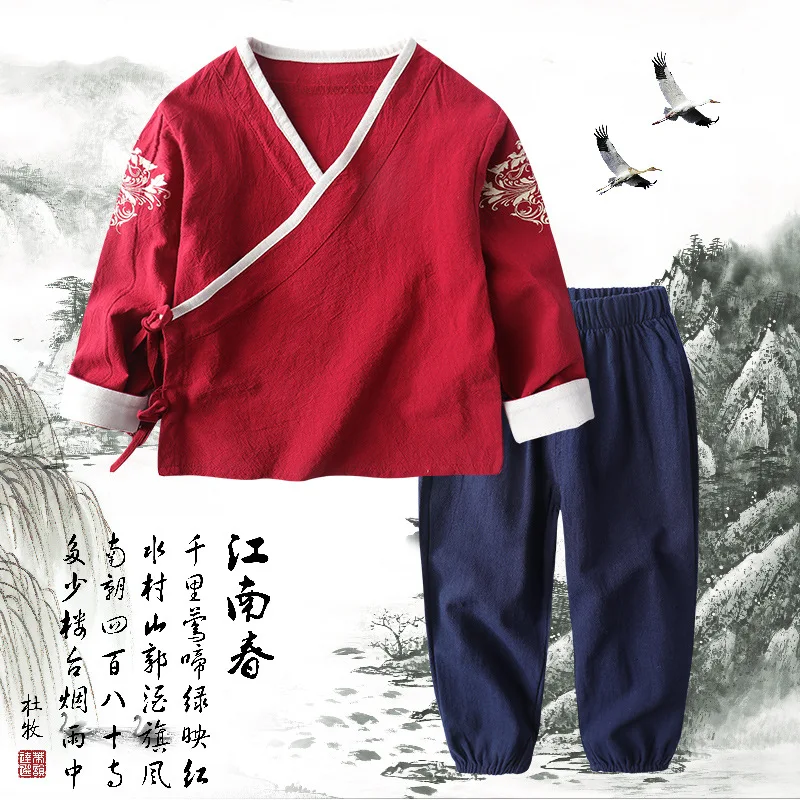 

3 Colors Chinese Traditional Cotton Linen Kung Fu Hanfu Boy And Girl Japanese Clothing Tops + Pants Set Daily Children Tang Suit