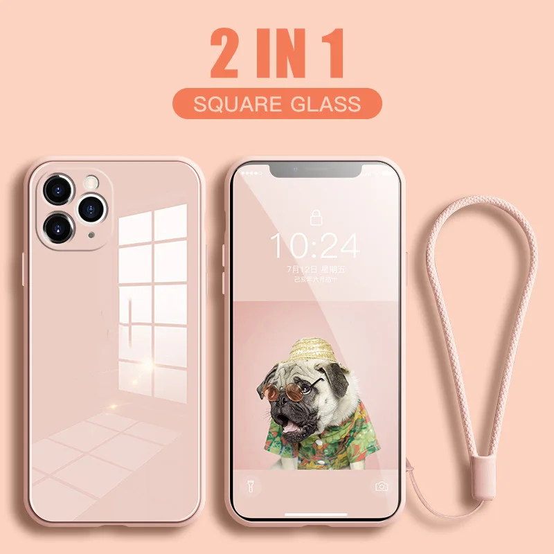 

Square Tempered Glass Phone Case For iPhone 11 12 Pro Max XS Max X XR 8 7 Plus SE 2020 Soft Silicon Frame Phone Cover With Strap