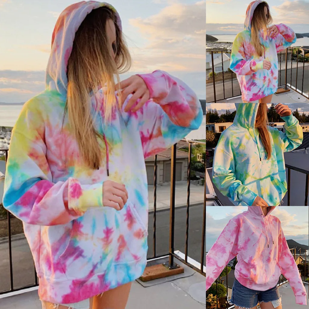 

Autumn women's new style large size loose coat women's tie-dye printing casual hooded sweater women