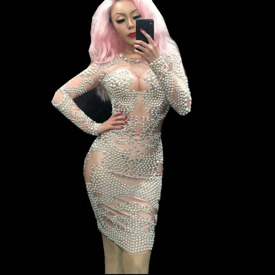 Модное платье стразы с жемчугом женская вечерняя одежда длинным рукавом