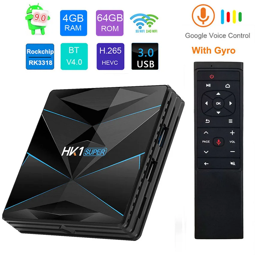 Супер HK1 Android 9 Smart TV BOX Google Assistant RK3318 4K 3D HD 4 ГБ 64 2 г 5G Wifi ТВ Play Store Бесплатные