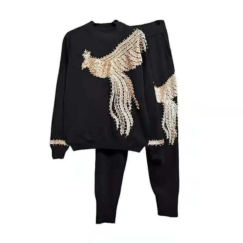 

Autumn Phoenix Beading Knitted Women Suit New Fashion Long Sleeve Sweater+Harem Pants 2 Piece Set Ladies Clothing Winter