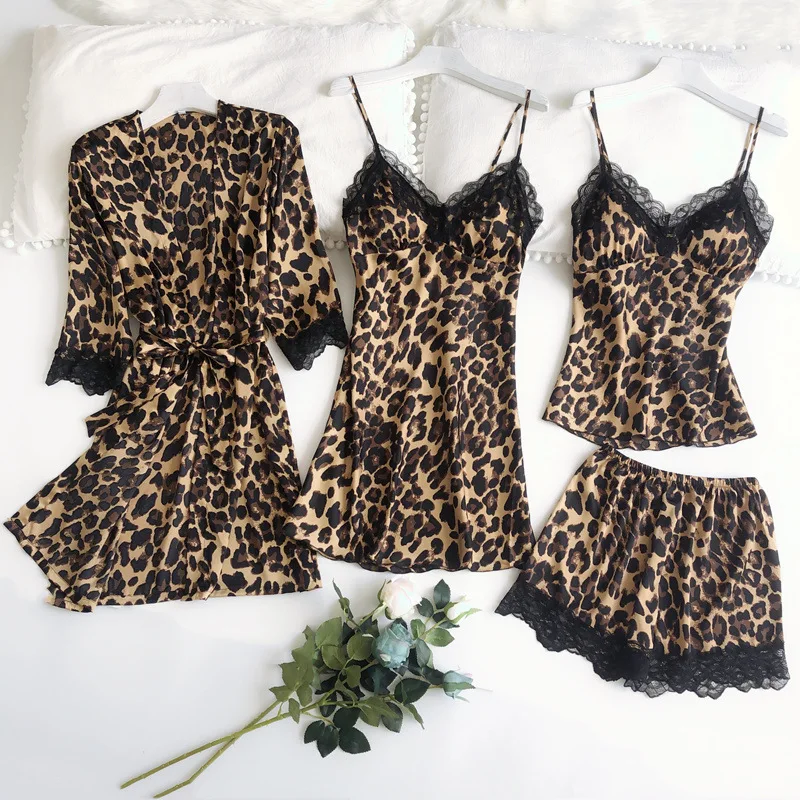 

Sexy Leopard Kimono Gown 4PCS Pajamas Set For Women Robe Suit Satin Nightwear Lace Sleepwear Pyjamas Casual Intimate Lingerie