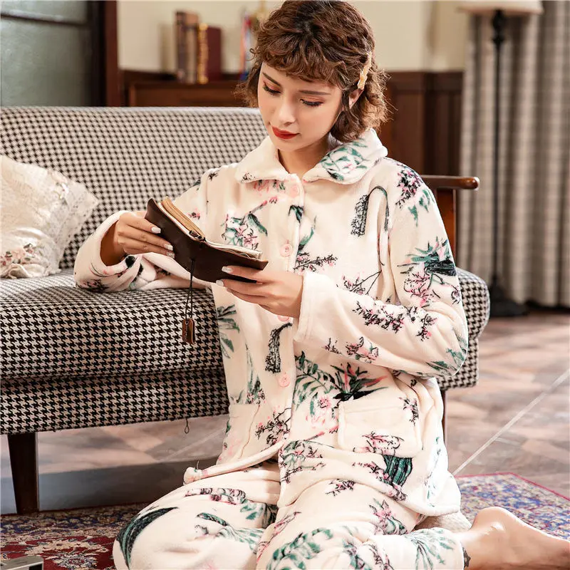Новый 2020 осень-зима пижамный комплект для женщин одежда сна теплые фланелевые