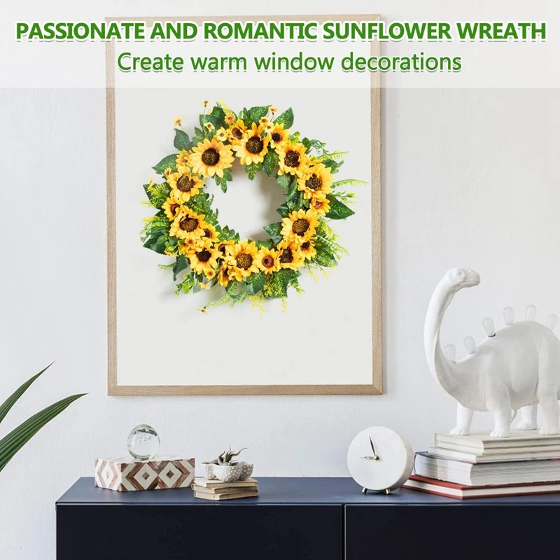 

Sunflower Wreaths for Front Door Decor 18inch Artificial Summer Wreath with Green Leaf, Large Lighted Spring Wreath