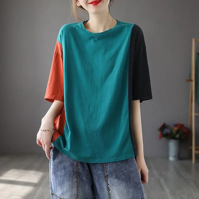 

Cotton 2021 new color matching round neck 5 / s T-shirt women's summer new art large casual top