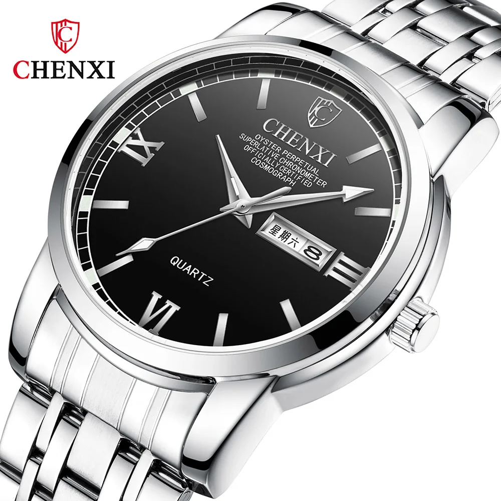 

CHENXI Silver Wristwatch Mens Stainless Steel Waterproof Montre Homme Luxury Week Date Quartz Watch Men Clock Luminous Big Brand