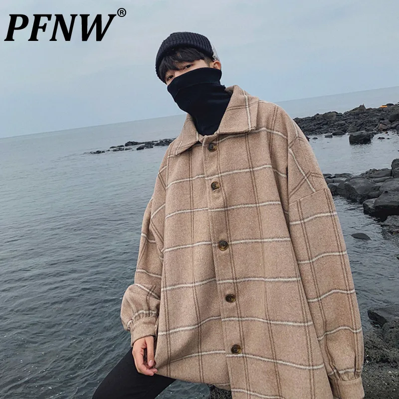 

PFNW 2021 New Autumn Winter Men's Wool Plaid Windbreaker Lapel Korean Tweeds Fashion Coats Teens All-match Overcoats Ins 12X0672