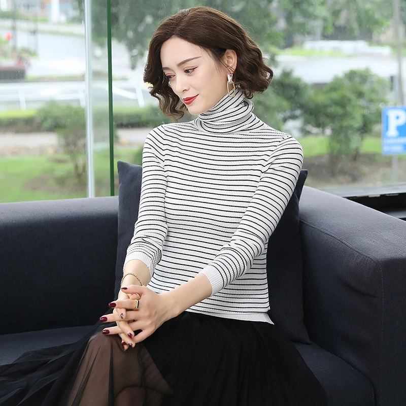 Women Turtleneck Cashmere Sweaters Elegant Lady High Collar Striped Slim Basic Sweater Pullovers | Женская одежда