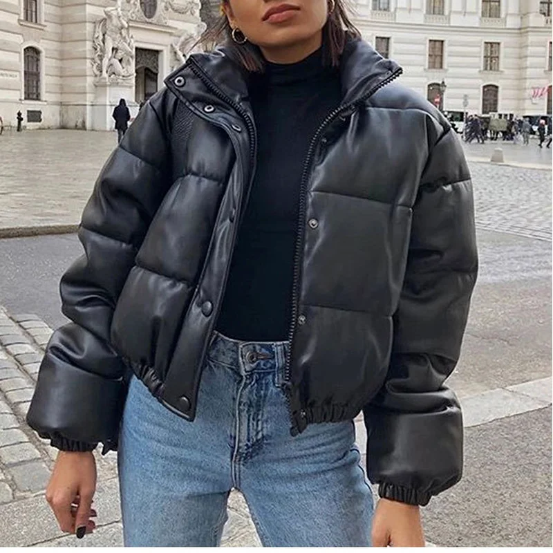 Зимняя и осенняя модная женская пуховая куртка 2021, модное пузырьковое пальто, короткое пальто из искусственной кожи с воротником-стойкой