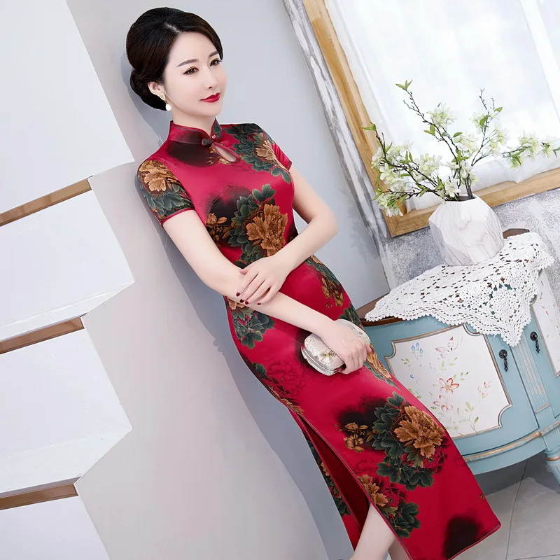 Весна лето 2020 Новое шелковое пионовое платье с коротким рукавом китайское