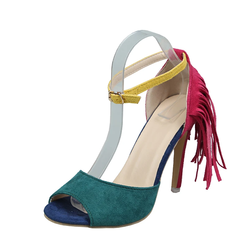 

Women's Peep Toe Fringe Decoration 10CM High Heel Red Ankle Buckle Big Size for Party Sandals Ladies Shoes Sandalias De Mujer