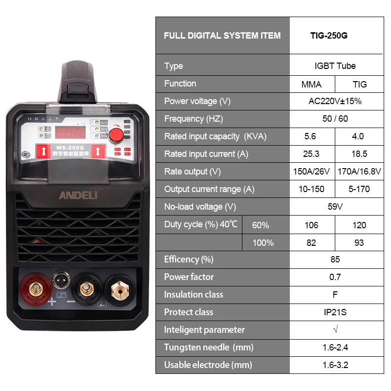 

ANDELI TIG-250G Portable Inverter TIG Welder Multi-function Welding Machine with TIG/MMA Stick Welding 220V