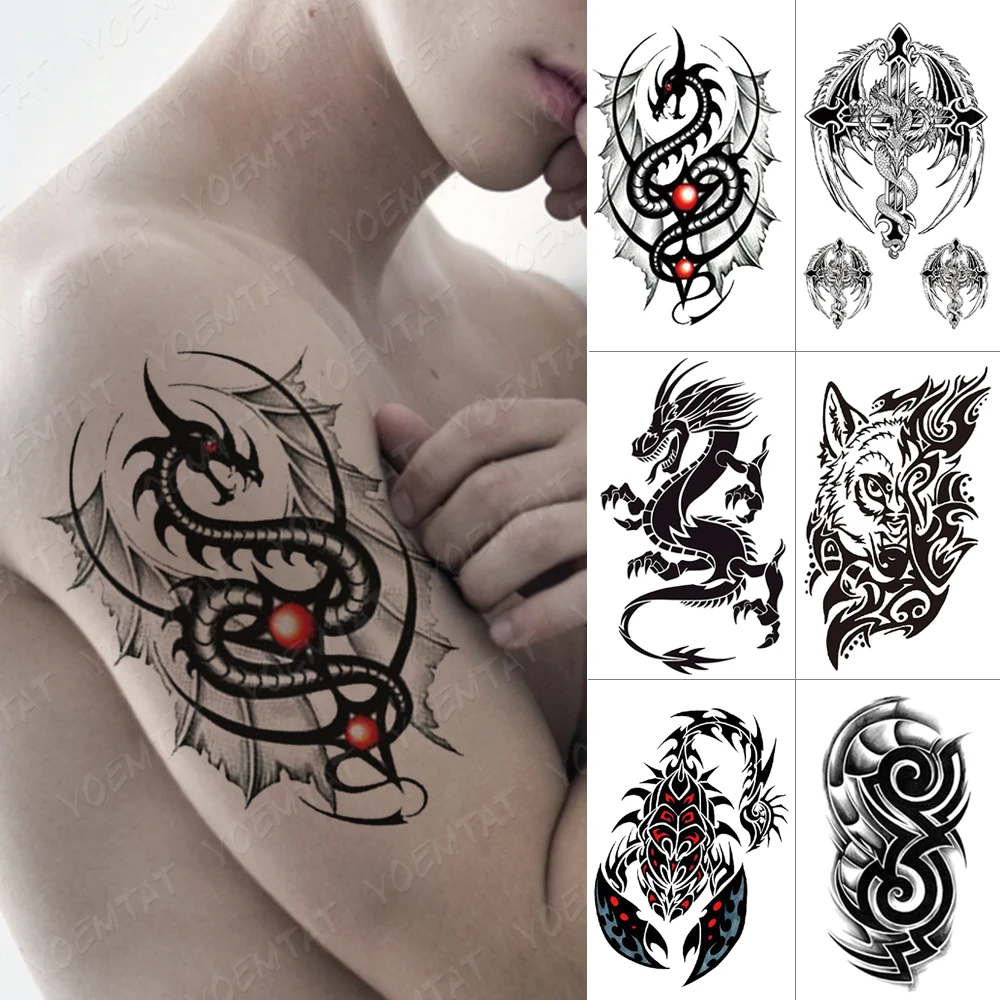 

Waterproof Temporary Tattoo Sticker Dragon Wing Cross Flash Tatto Wolf Scorpion Totem Body Art Arm Water Transfer Fake Tatoo Men