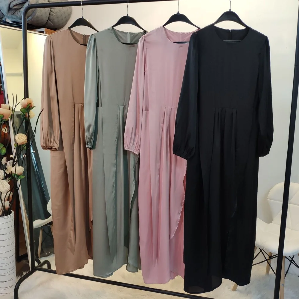 

Eid Satin Abaya Dress Muslim Women Solid Color Wrap Front Long Sleeve Ruffles Long Maxi Dress Summer Dubai Turk Modest Wear 2021
