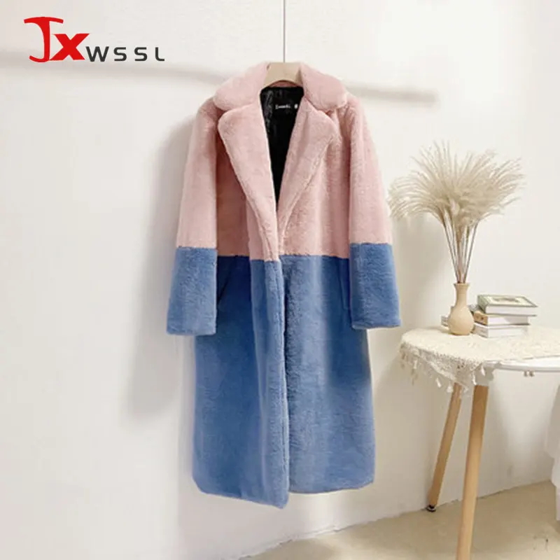 

Winter Women Fur Coat 5XL Fashion Color block Loose Jacket Long Fur Trench Coats Imitation Lamb Wool Thick Warm Female Overcoat