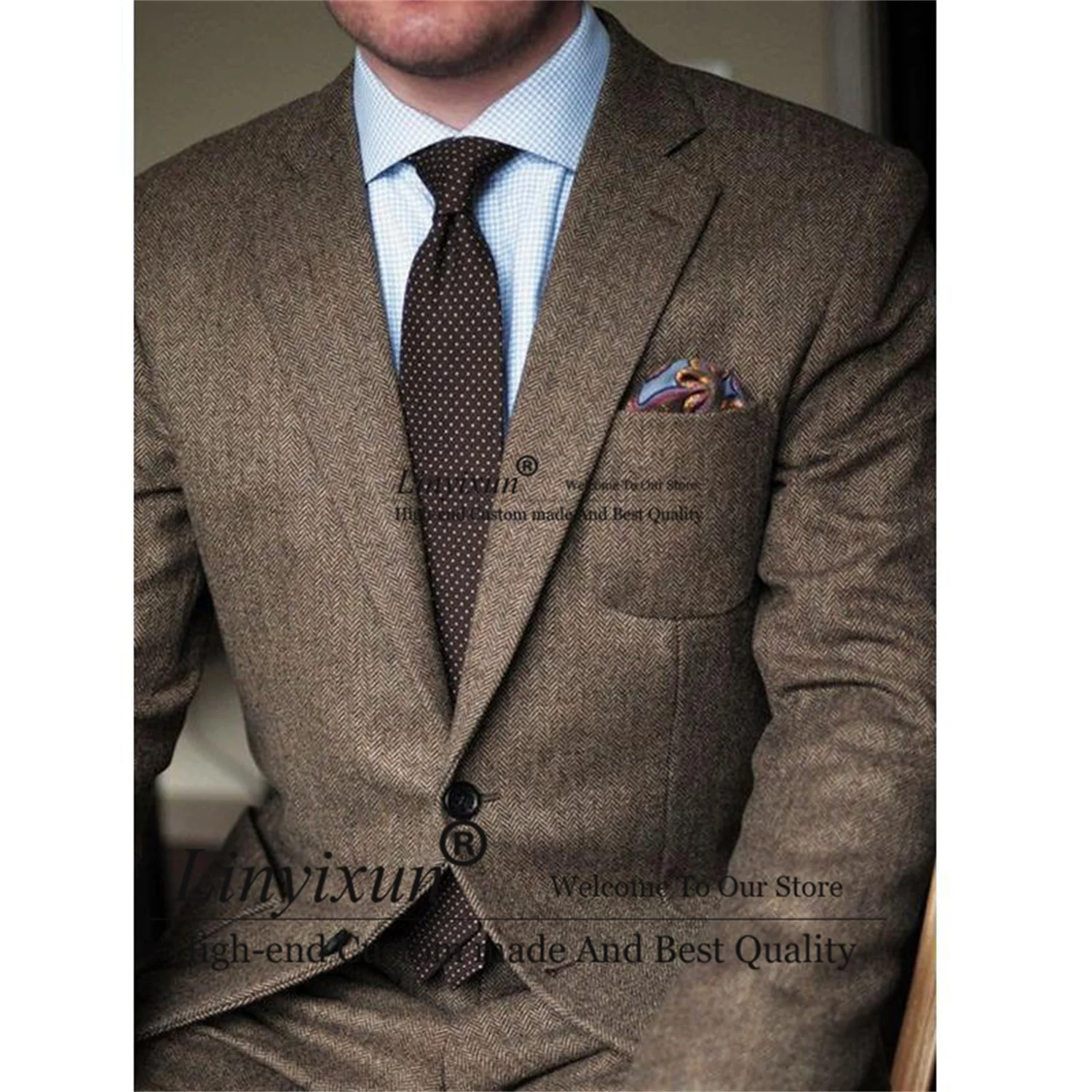 

Winter Brown Herringbone Tweed Men Suits Slim Fit 2 Piece Casual Wedding Groomsmen Tuxedo Male Set Jacket Pants Costume Homme