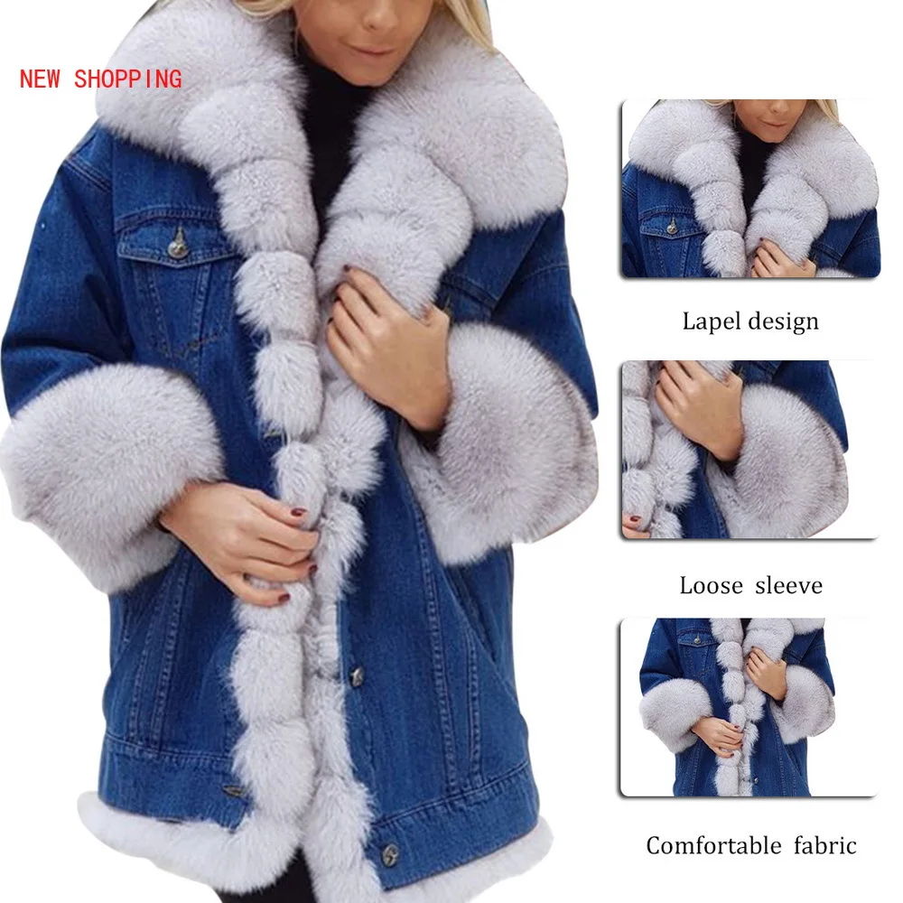 Luxurious Fur Collar Denim Jacket Long-sleeved Fleece Female Casual Winter Warm Coat Women Overcoat Plush Jackets Chaqueta Mujer