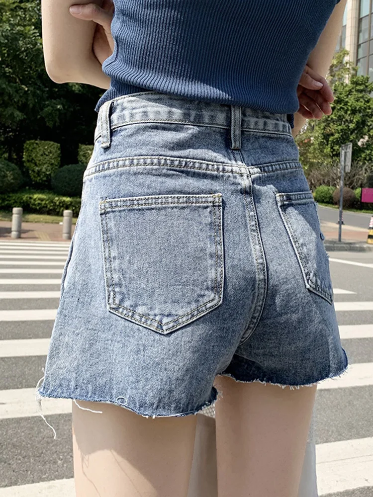 

Perforated denim shorts women's summer thin 2021 new high waist slim loose A-line hot pants