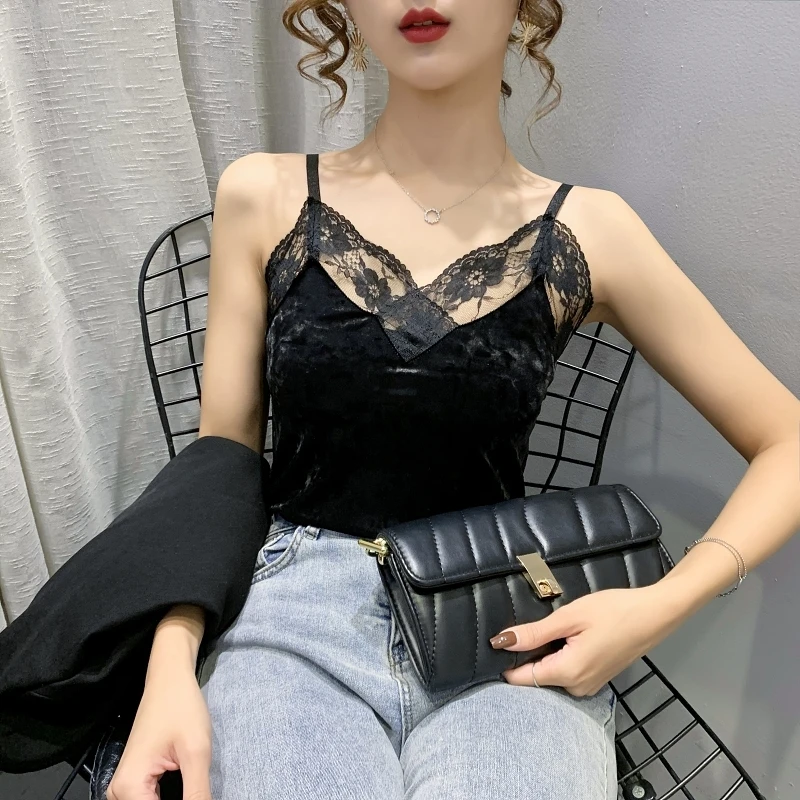 

Summer Woman Clothe Sexy Lace Female Tank Tops Women Velvet Sleeveless V Neck Womens Camisole Halte Tank Top Slim The New