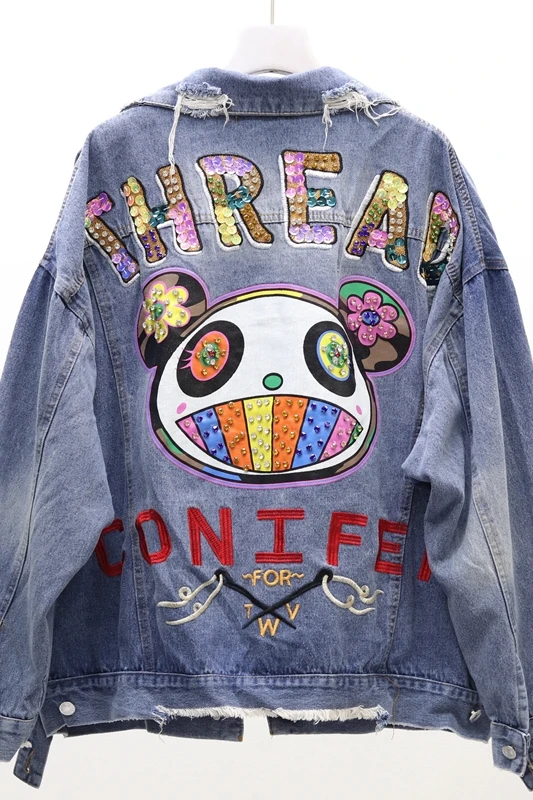 

European station 2020 autumn new BF loose hole embroidery heavy industry beaded diamonds thin denim jacket female trend