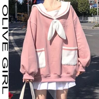 kawaii japanese sweet soft girl sweatshirt sailor collar bow pullover cute bear ears embroidery pocket full sleeve sweatshirts