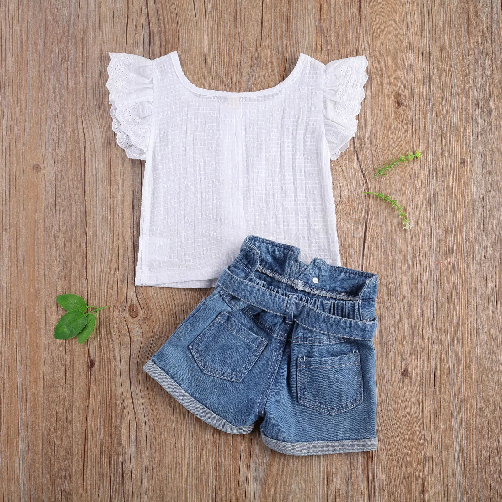 

2021 Baby Girls 1T-6T Clothes Sets Summer Toddler Fashion Ruffle Short Sleeve T-Shirt+Denim Shorts+Belt 3 Piece Kids Clothes