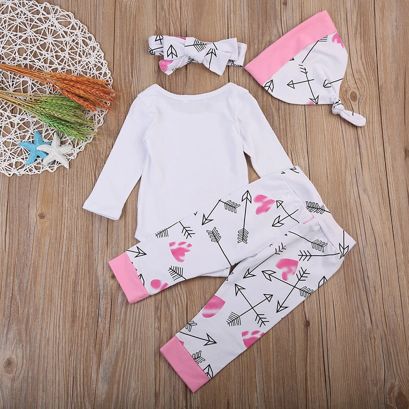 

Imcute Baby New Fashion 4PCS Newborn Girl Long Sleeve Letter Print Romper Tops+Pant Hat Headband Outfit Toddler Kids Clothing