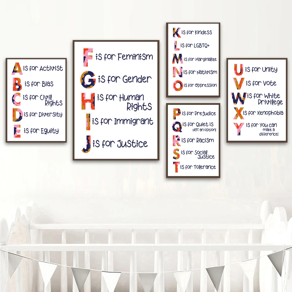 

Nursery Alphabet Human Rights Quote Prints Posters Social Justice Black Lives Wall Canvas Decor Educational Pictures Kids Room