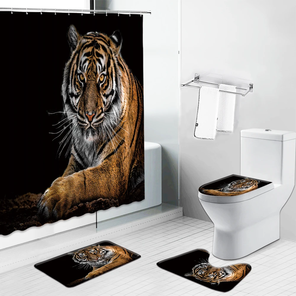 Beste Zebra Bloem Douchegordijn Tijger Olifant Giraffe Non Slip Tapijten Wc Deksel Cover Tapijt Mat Cartoon Dier Badkamer Gordijn Set