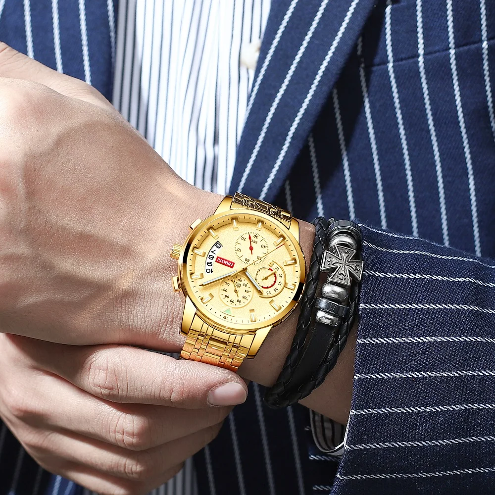 Часы наручные NIBOSI мужские с хронографом модные брендовые Роскошные полностью