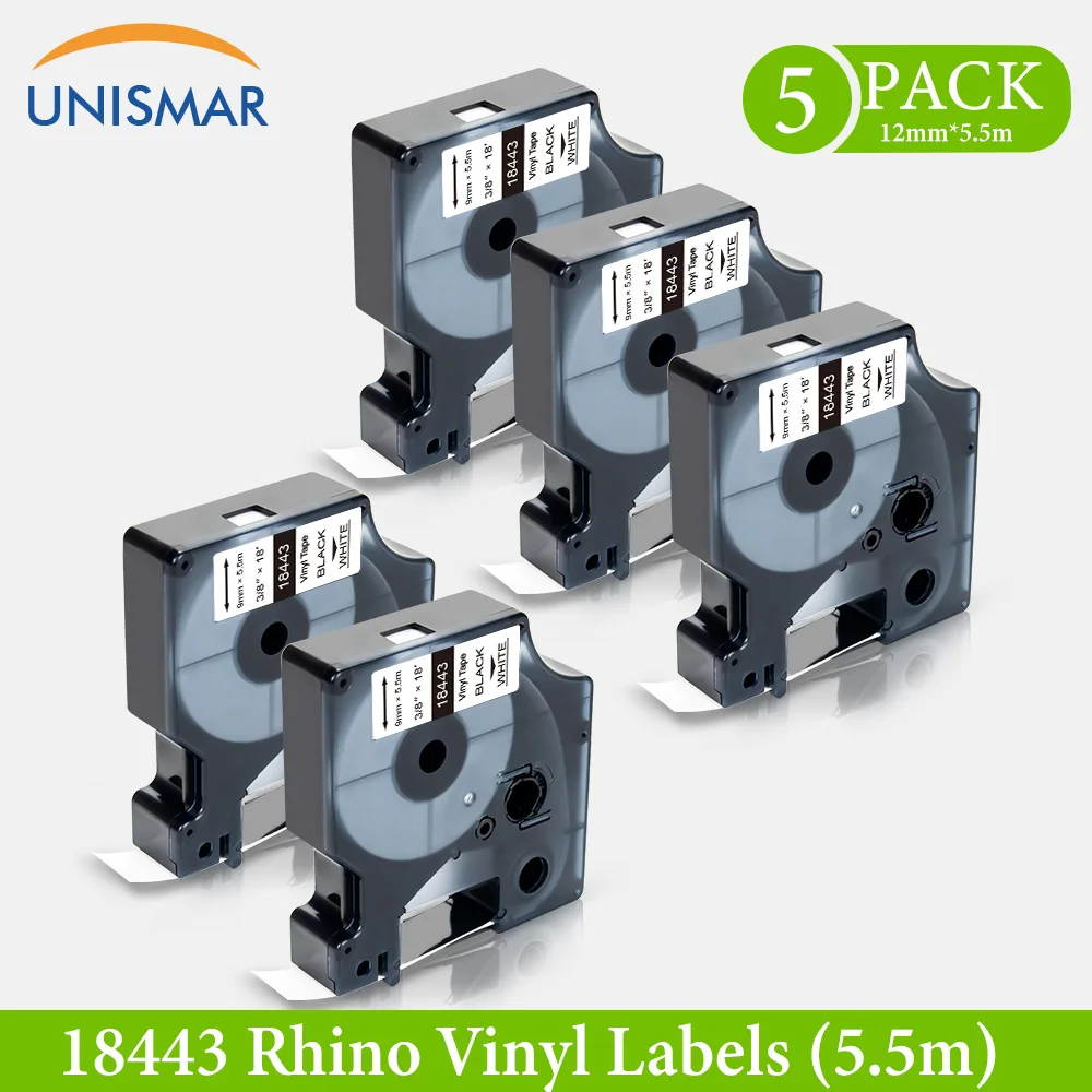 Unismar 5PK Compatible 18443 DYMO Rhino IND Vinyl Label 18443 Industrial Tape 9mm 3/8