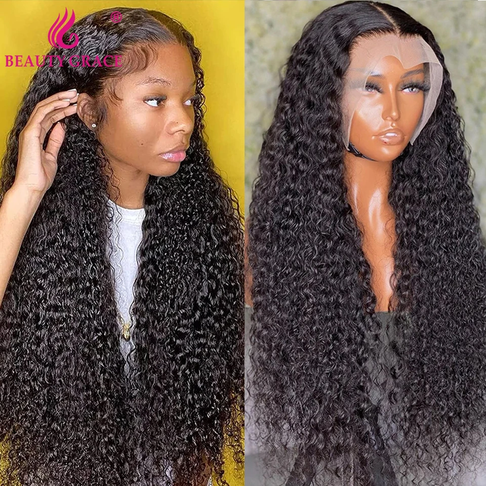 250 Density Lace Wig Deep Wave Frontal Closure Wig Brazilian Kinky Curly Human Hair Wig 30 Inch T Part Lace Front Wigs For Women