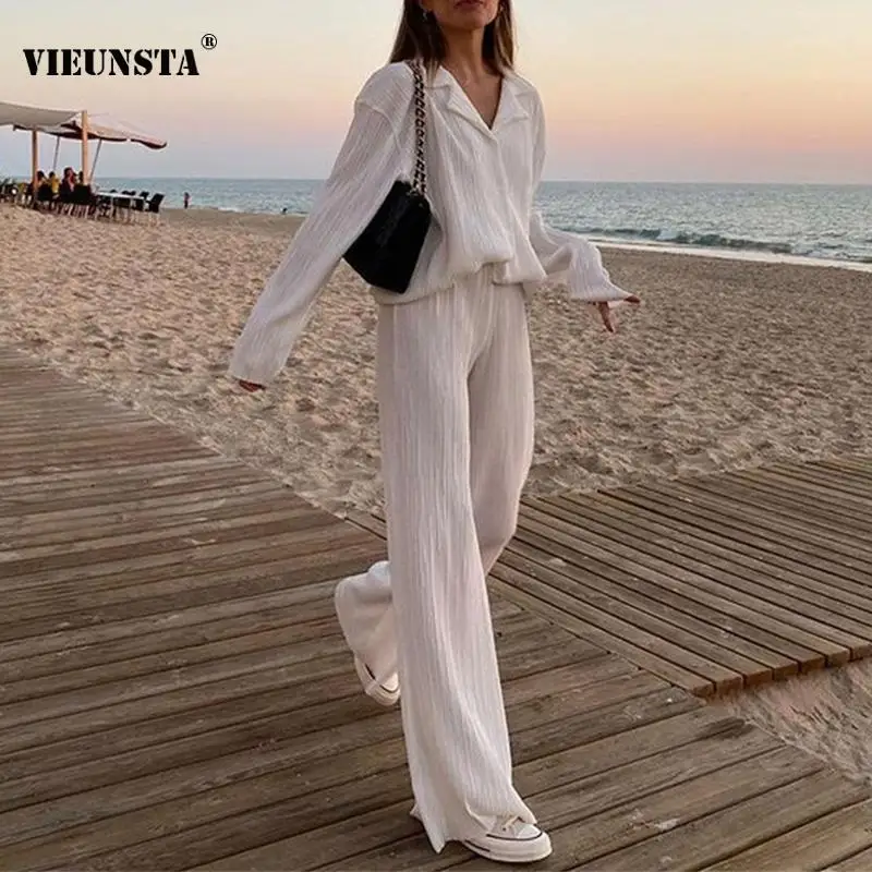 

Женский офисный костюм из двух предметов, повседневный однотонный кардиган на пуговицах и прямые брюки в рубчик, весна-осень