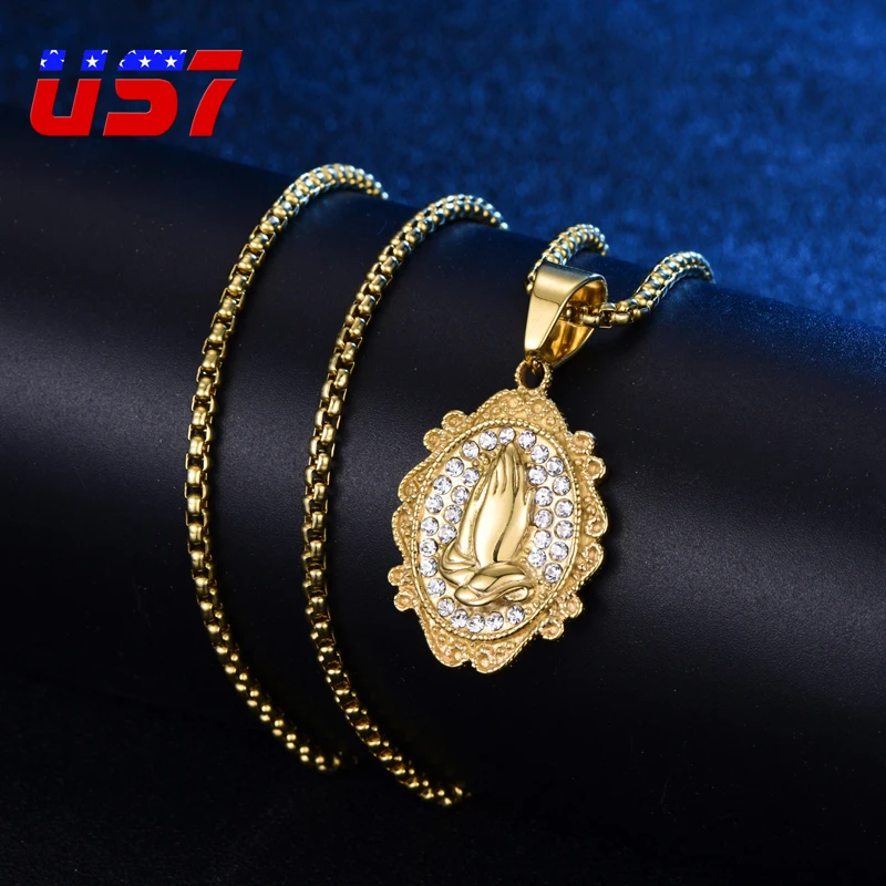 US7 Bling Iced Out молитвенная рука кулон ожерелье Кристалл Подвеска хип хоп & s для