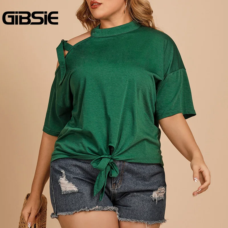 

Женская футболка с ложным воротником GIBSIE, Однотонная футболка с открытыми плечами, большие размеры, с коротким рукавом, с завязкой на подоле...