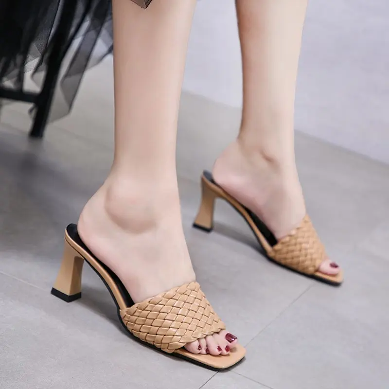 

Шлепанцы женские из искусственной кожи, на высоком квадратном каблуке, летние