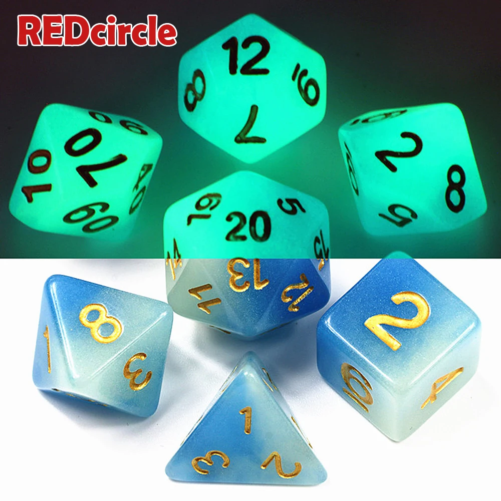 Two Mix Color Glow In The Dark Dice 7 Pc/set D4 D6 D8 D10 D10% D12 D20 for DnD RPG Portable Boardgame | Спорт и развлечения