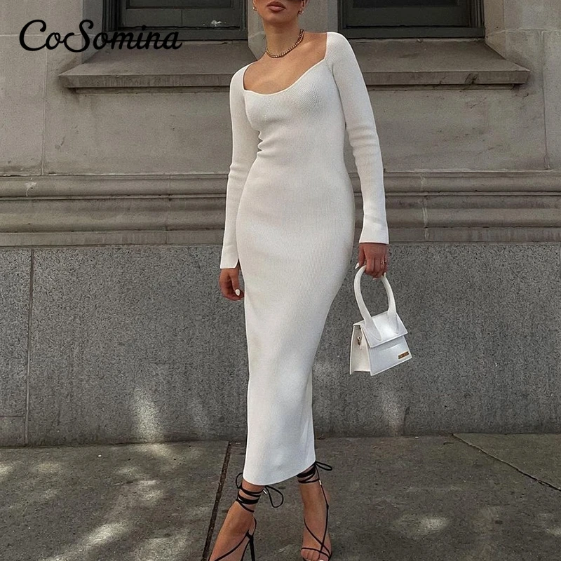 

CoSomina 2021 Autumn solid color knitted dress women High street flare sleeves square collar ribbed dress Sexy split party dress