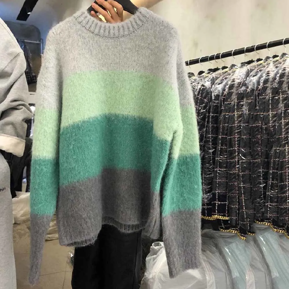 

Korean Women Gradient Stripes Sweater Ladies 2021 New Long Sleeve Pullover Top Female Color Patchwork Jumper Knitwear
