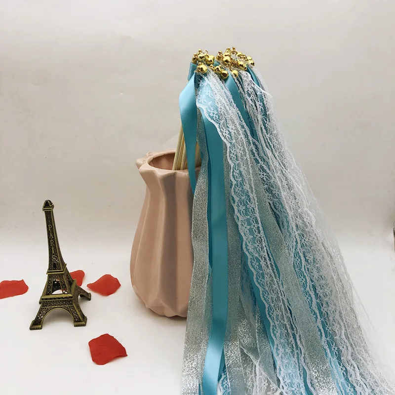 

Multicolor Wedding Ribbon Stick With Bell Send Off Bell Wan Ribbon Lace Stick Twirling Streamers Birthday Wedding Decoration