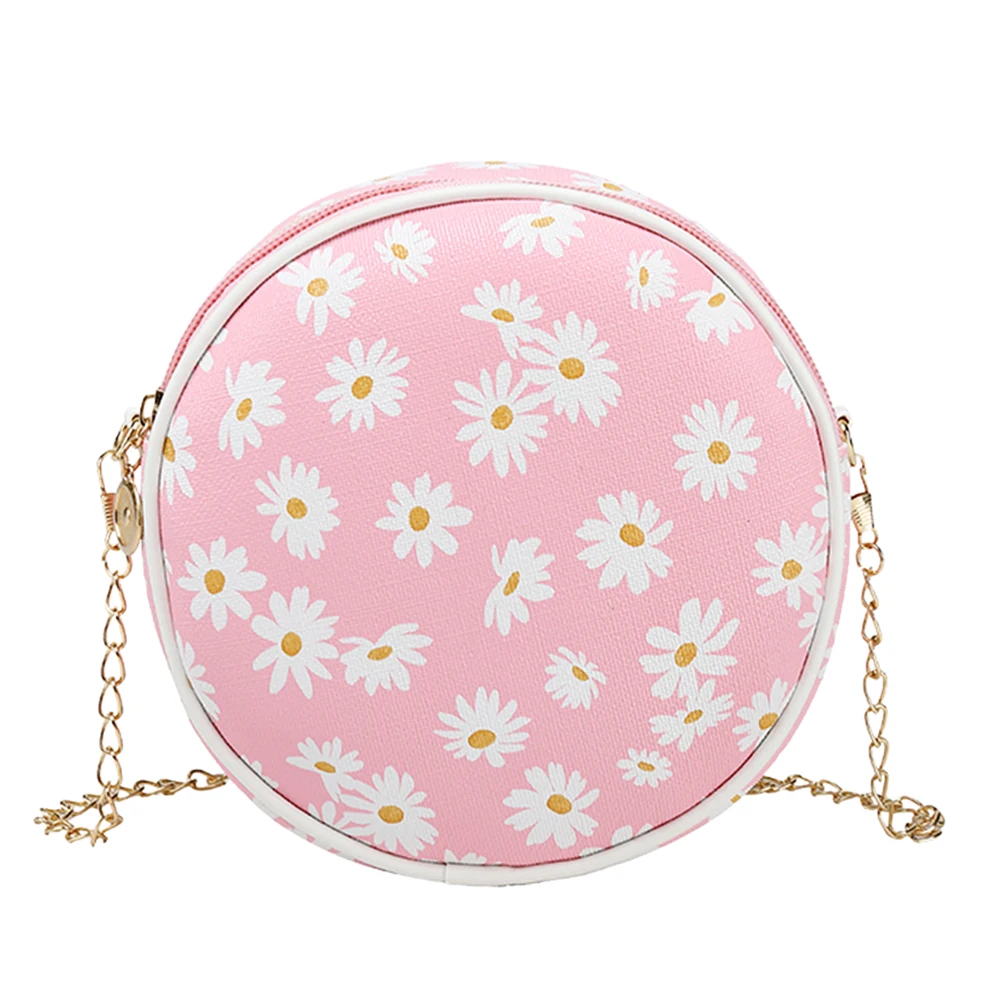 

Small Round Crossbody Bag Women Classic Texture Creative Delicate Design Chic Daisy Flower PU Chain Shoulder Messenger Pouch