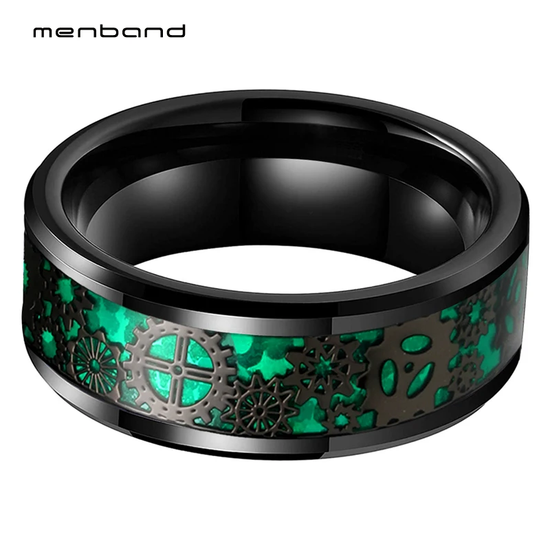 

8MM Tungsten Wedding Band With Black Mechanical Gear Wheel And Green Opal Inlay Beveled Edges Polished Finish Comfort Fit